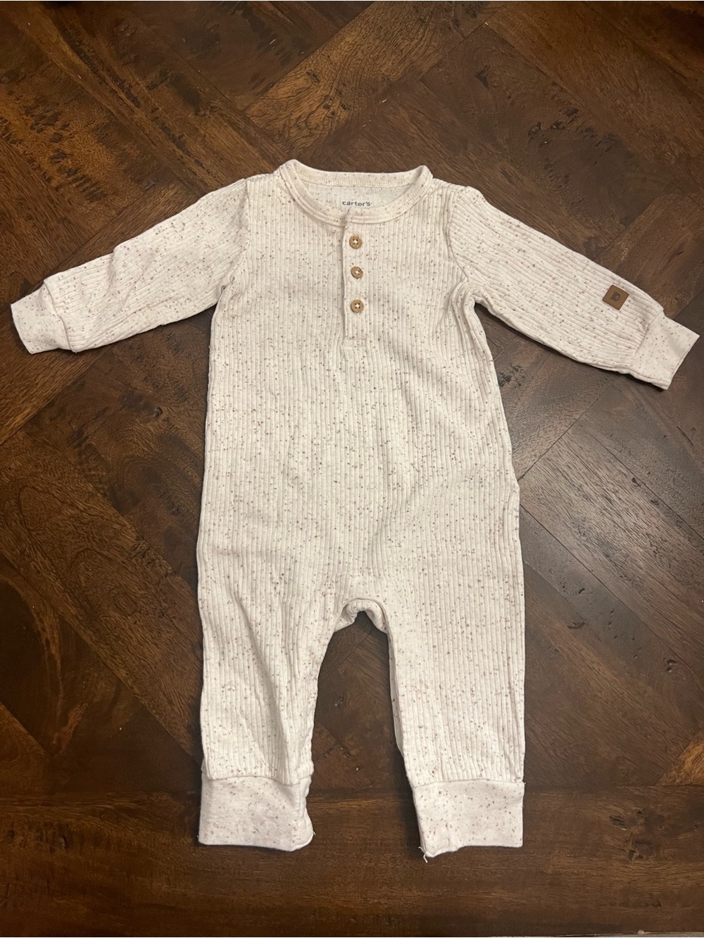 Neutral Speckled Ribbed Baby Long-Sleeve Henley Romper